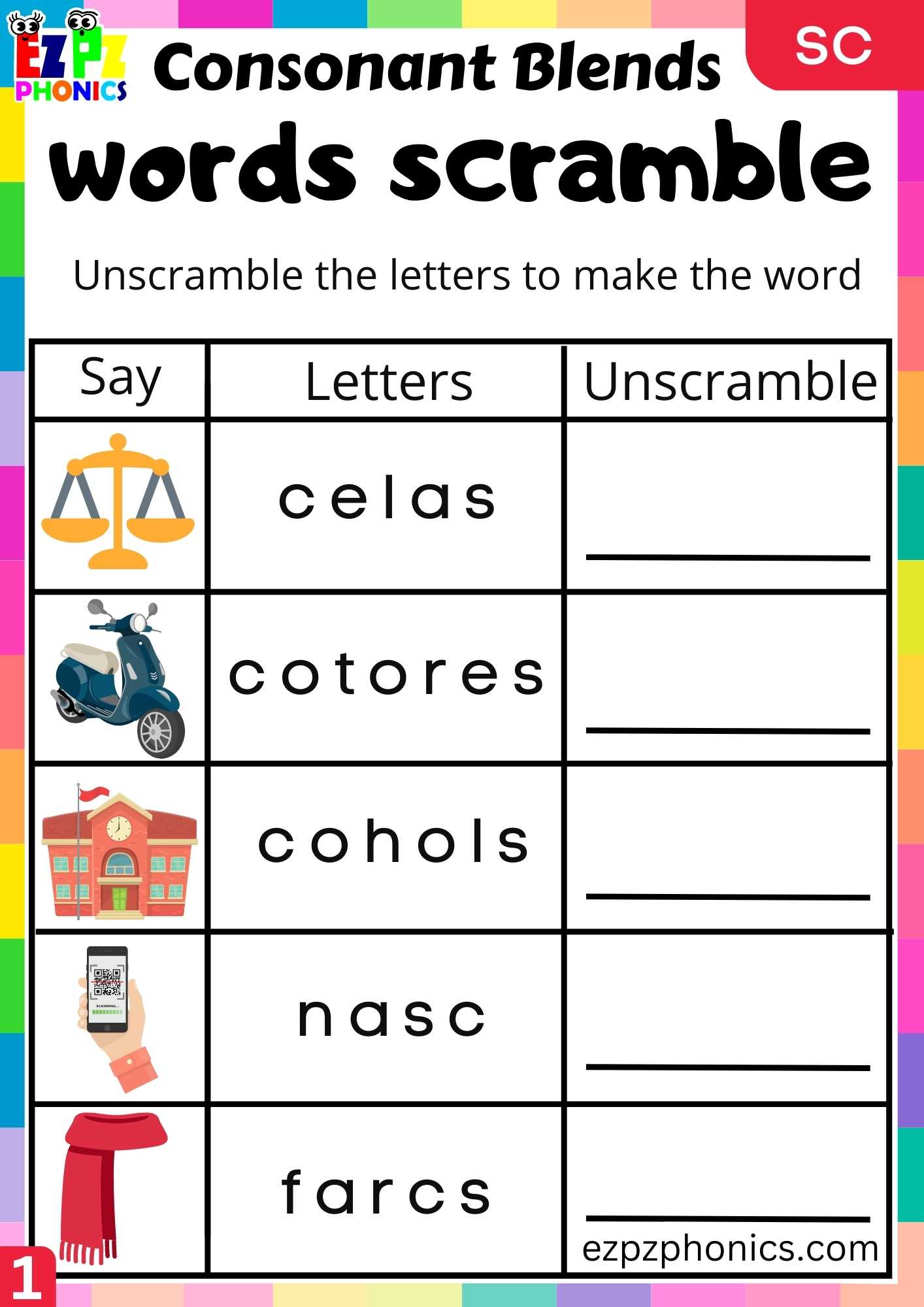 Group1 SC Words Words Scramble Phonics Consonant Blends Worksheet